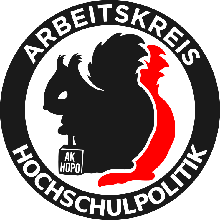Logo des Arbeitskreis Hochschulpolitik: Eichhörnchen mit Sprengstoff in schwarz und rot.